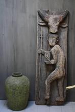 Oud houten Indisch paneel man + koe 186 x 60 x 20 cm -, Huis en Inrichting, Nieuw, Verzenden