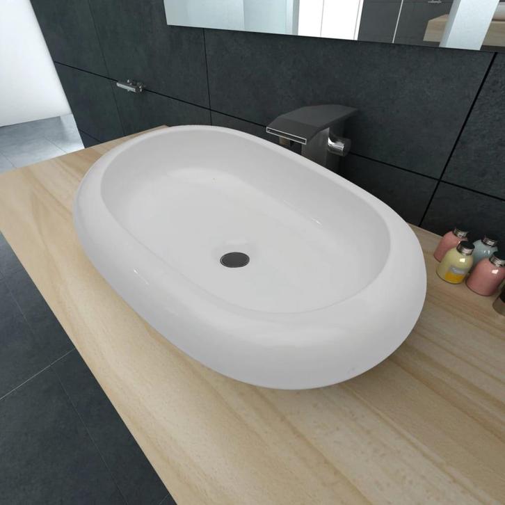 vidaXL Luxe keramische wasbak ovaal 63 x 42 cm (wit), Doe-het-zelf en Bouw, Sanitair, Nieuw, Verzenden