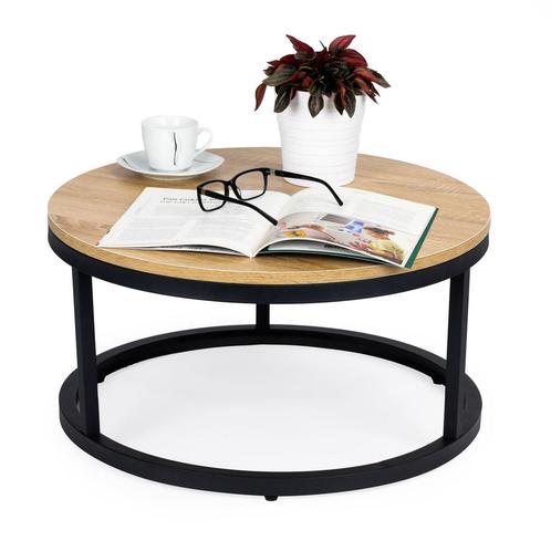 Industriële ronde salontafel - 60 cm - hout & zwart metaa.., Huis en Inrichting, Tafels | Salontafels, Nieuw, Ophalen of Verzenden