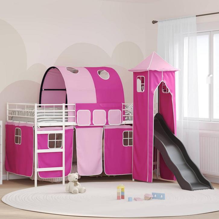 vidaXL Kidsloftbedframe Wit en roze 79,5 x 200 cm Metaal, Huis en Inrichting, Slaapkamer | Bedden, Nieuw, Verzenden