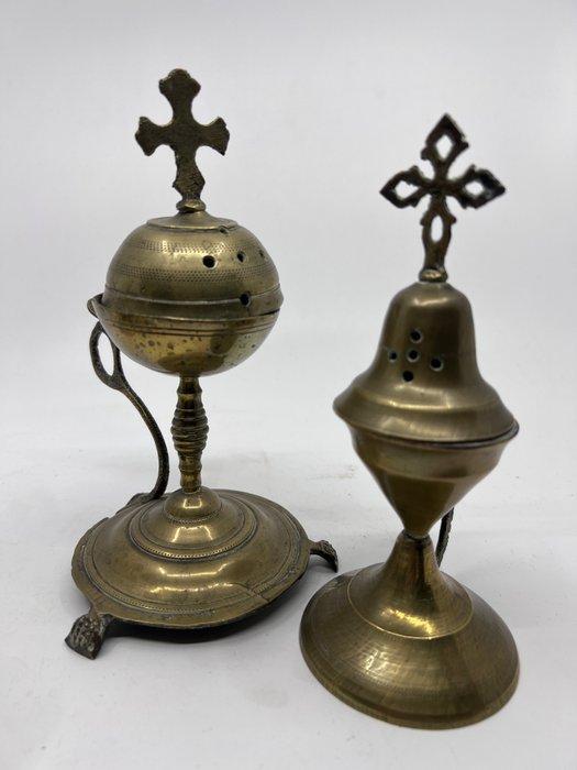 Wierookvat (2) - Messing - Set van 2 wierook brander, Antiquités & Art, Art | Art non-occidental