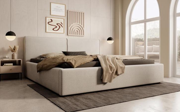 Meubella | Tweepersoonsbed 180x200 beige ribstof, Huis en Inrichting, Slaapkamer | Bedden, Nieuw, 180 cm, Verzenden
