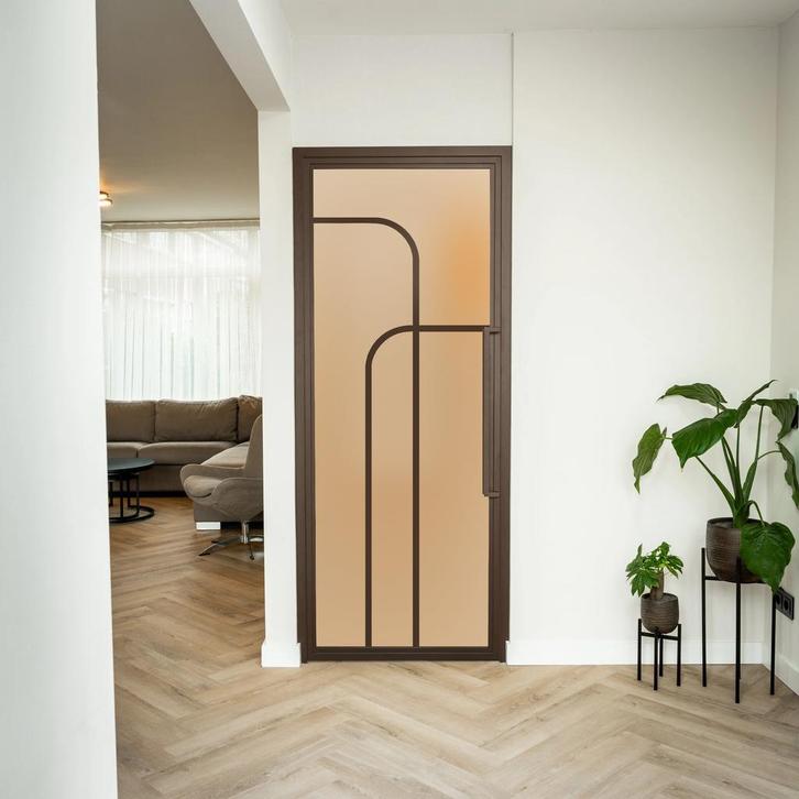 Stalen Binnendeur - Brons - 4 Vlaks rond - Mat glas, Doe-het-zelf en Bouw, Deuren en Vliegenramen, Nieuw, Metaal, Binnendeur, 200 tot 215 cm