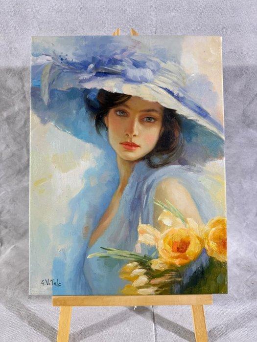 Giorgio Vitale (XX-XXI) - Eleganza in Blu e Oro, Antiek en Kunst, Kunst | Schilderijen | Klassiek