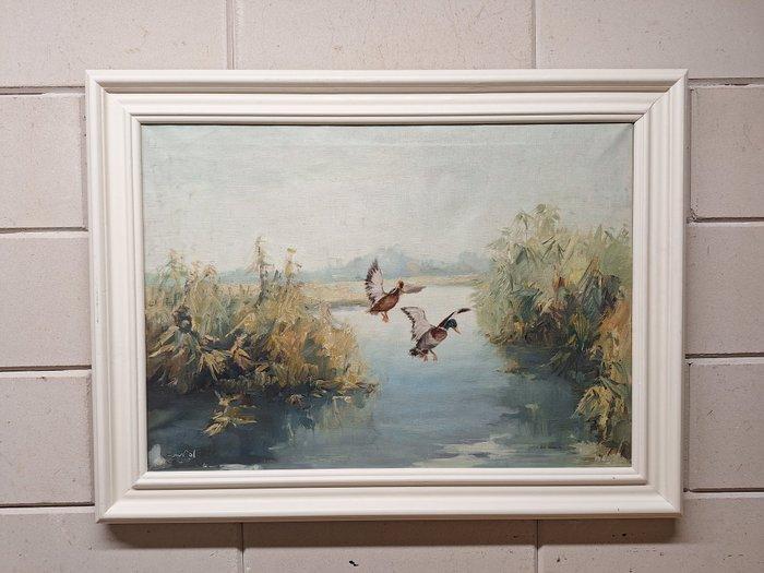 v Wal (XX) - Landschap met opvliegende Eenden, Antiek en Kunst, Kunst | Schilderijen | Klassiek