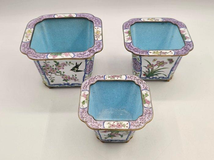 Bloempot - Floraal decor, genesteld - Emaille, Koper/Messing, Antiek en Kunst, Antiek | Overige Antiek