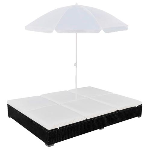 vidaXL Loungebed met parasol poly rattan zwart, Tuin en Terras, Ligbedden, Nieuw, Verzenden