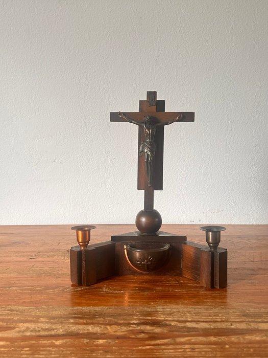 Kandelaar - Glas, Hout, Koper - Kaarsenhouder/wijwatervat, Antiek en Kunst, Antiek | Boeken en Manuscripten