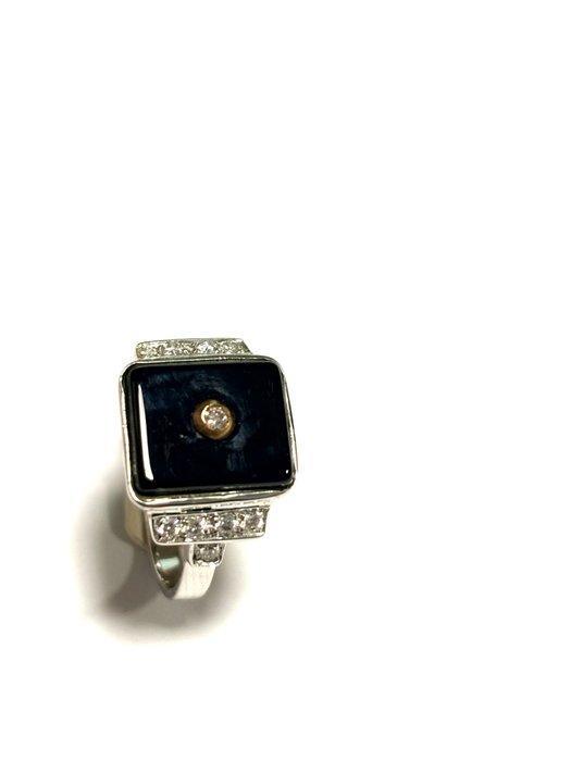 Ring - 14 karaat Witgoud Onyx - Diamant, Handtassen en Accessoires, Ringen