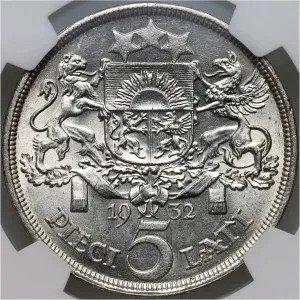 Letland. Republic. 5 Lati 1932 - NGC MS61, Postzegels en Munten, Munten | Europa | Niet-Euromunten