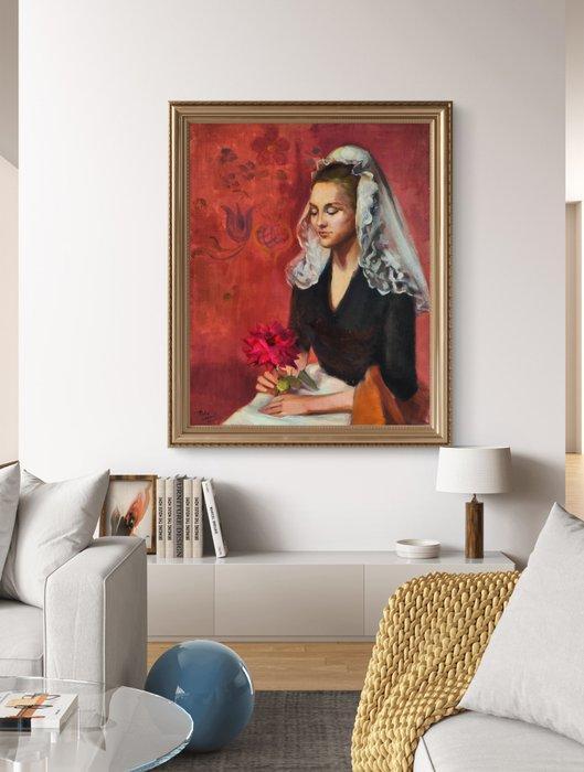 Polín Laporta (1920–2004) - Retrato de joven con mantilla, Antiek en Kunst, Kunst | Schilderijen | Klassiek