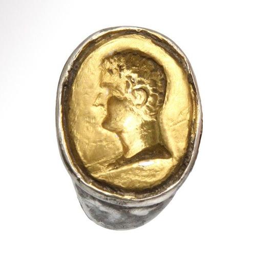 Oud-Romeins Goud, Zilver Ring met gravure, buste van een man, Antiek en Kunst, Antiek | Overige Antiek