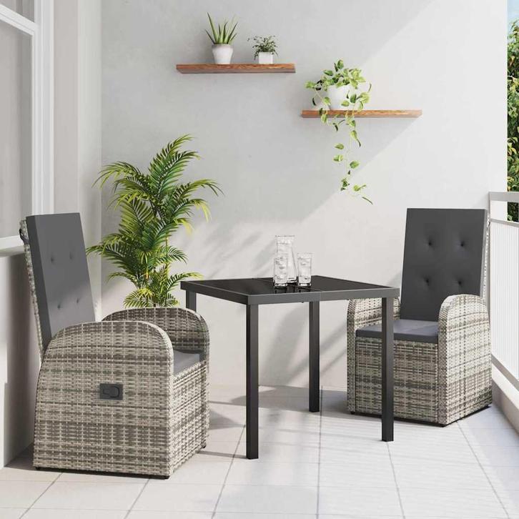 vidaXL Tuin Eettafel Set met kussen 3 pcs Grijs poly rattan, Tuin en Terras, Tuinsets en Loungesets, Nieuw, Verzenden