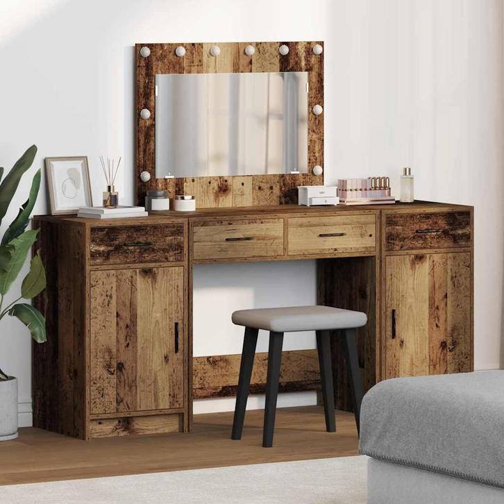vidaXL Kaptafel met spiegellichten met lade 3 pcs Bruin, Huis en Inrichting, Tafels | Kaptafels, Nieuw, Verzenden