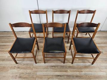 Chaise de salle à manger - Cuir, Teck - Six chaises vintage