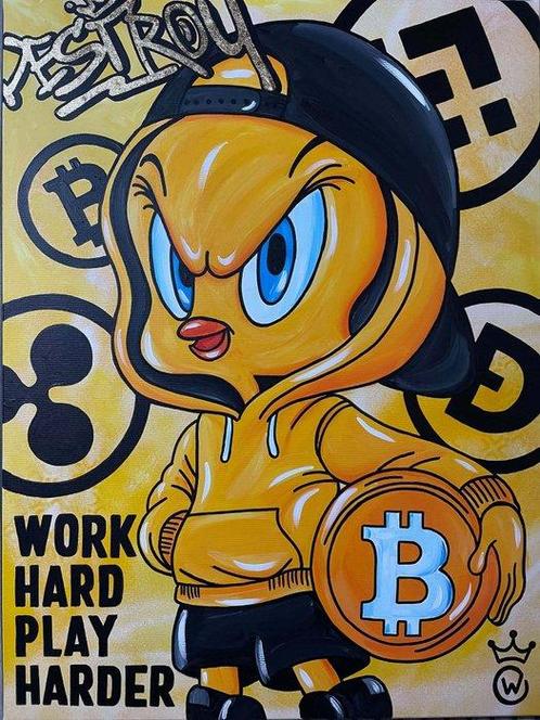 Xavier Van Walsem (1980) - Work Hard Crypto Tweety, Antiek en Kunst, Kunst | Schilderijen | Modern