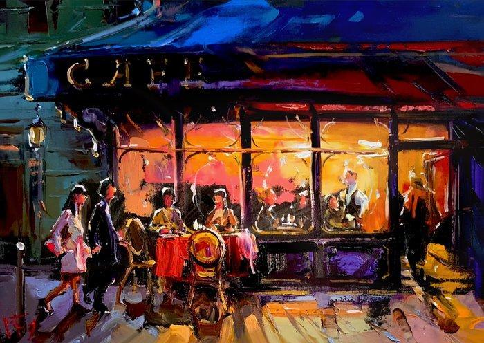 Jurij Frey - Café, Paris, Antiek en Kunst, Kunst | Schilderijen | Modern