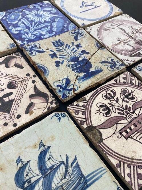 Tegel - Antieke tegels met tulpen, schip, springertjes,, Antiek en Kunst, Antiek | Glaswerk en Kristal