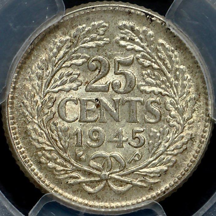 Nederland. Wilhelmina. 25 Cent 1945 P - Philadephia - acorn, Postzegels en Munten, Munten | Nederland