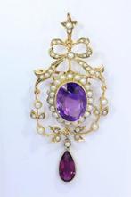 Hanger - 18 karaat Geel goud - Parel - Amethist, Antiek 1900, Handtassen en Accessoires, Antieke sieraden