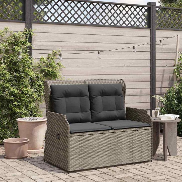 vidaXL Tuinbank met kussen Grijs Poly rattan, Tuin en Terras, Tuinsets en Loungesets, Nieuw, Verzenden