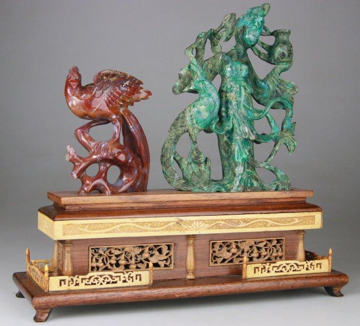 Groupe Oiseau Kwanyin sculptuur en statuette - houten, Antiquités & Art, Antiquités | Autres Antiquités