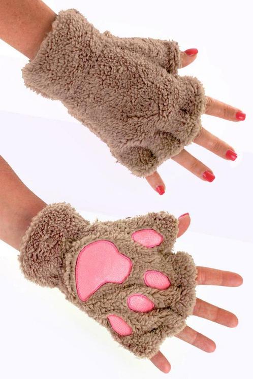 Dierenpoot Vingerloze Handschoenen Lichtbruin Pluche Vingerl, Hobby en Vrije tijd, Feestartikelen, Nieuw, Ophalen of Verzenden
