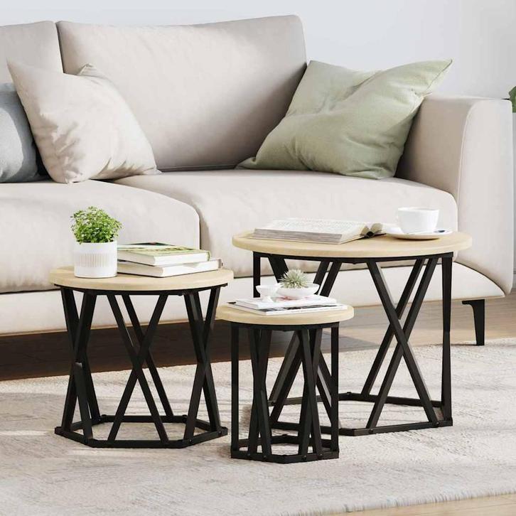 vidaXL Nestende Side Table 3 pcs Sonoma Eik Engineered hout, Huis en Inrichting, Tafels | Salontafels, Nieuw, Verzenden
