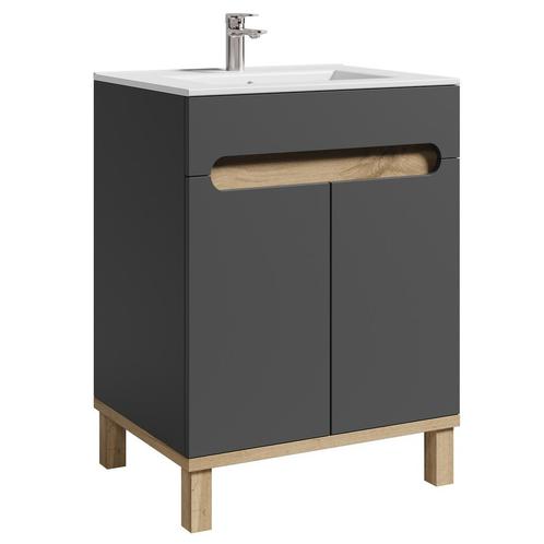 Badplaats Badkamermeubel Otero 60cm - Grijs met Eiken, Huis en Inrichting, Badkamer | Badkamermeubels, Nieuw, Verzenden