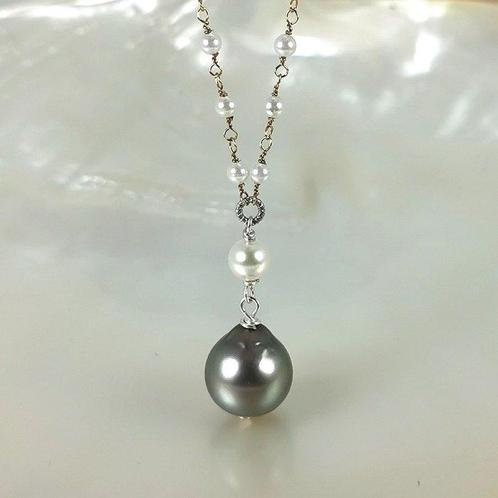 Collier Argent Perle - Perle - Tah. & Akoya Ø3,5-13,5 mm, Handtassen en Accessoires, Kettingen