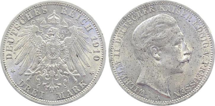 Duitsland 3 Mark Preussen Pruisen 1910 A vz/stgl minimale..., Timbres & Monnaies, Monnaies | Europe | Monnaies non-euro, Envoi