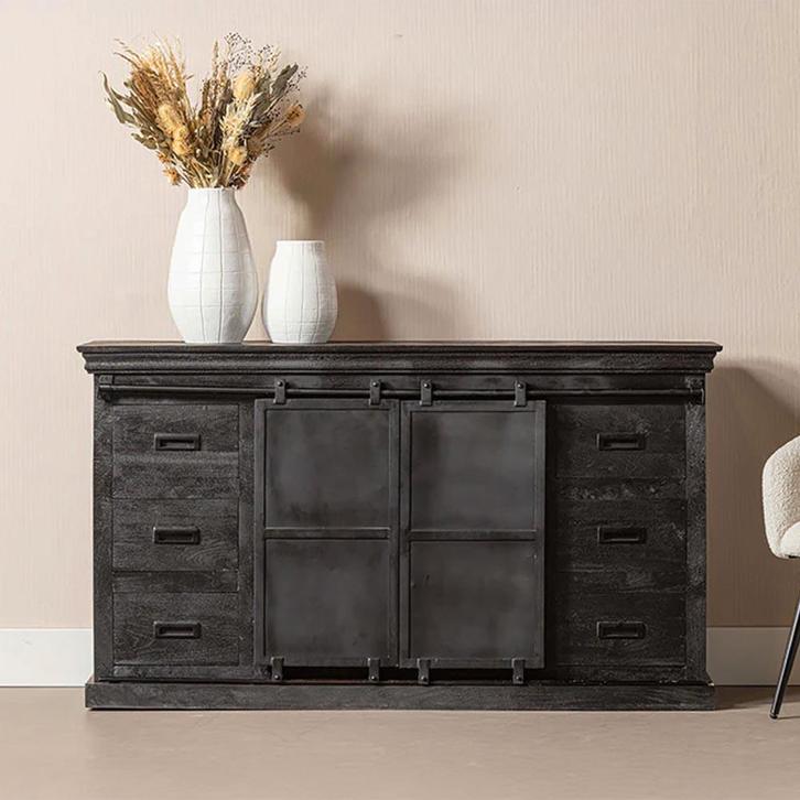 Dressoir Mangohout Milan 220 Zwart, Huis en Inrichting, Kasten | Dressoirs, Nieuw, Overige houtsoorten, Verzenden