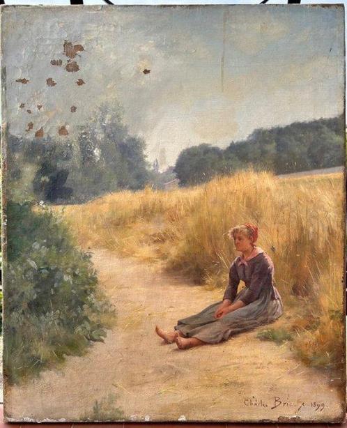 Jules Charles Bricoux (XIX-XX) - Giovane contadina seduta, Antiek en Kunst, Kunst | Schilderijen | Klassiek