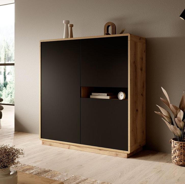 Meubella | Opbergkast eiken mat zwart 121x40x125, Huis en Inrichting, Kasten | Overige, Nieuw, Verzenden