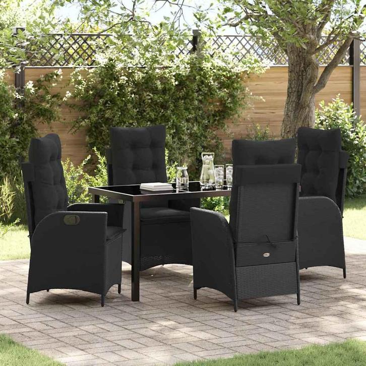 vidaXL Tuin Eettafel Set met kussen 5 pcs Zwart poly rattan, Tuin en Terras, Tuinsets en Loungesets, Nieuw, Verzenden