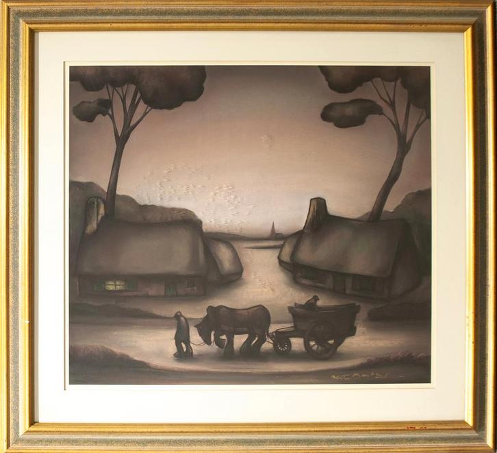 Boerenkar in het dorp – Nest Martens (1925–2024), Antiek en Kunst, Kunst | Schilderijen | Klassiek, Ophalen of Verzenden