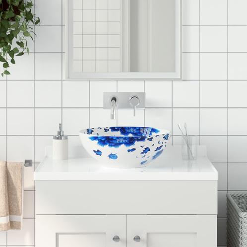 vidaXL Opzetwasbak rond 41x14 cm keramiek wit en blauw, Doe-het-zelf en Bouw, Sanitair, Nieuw, Verzenden