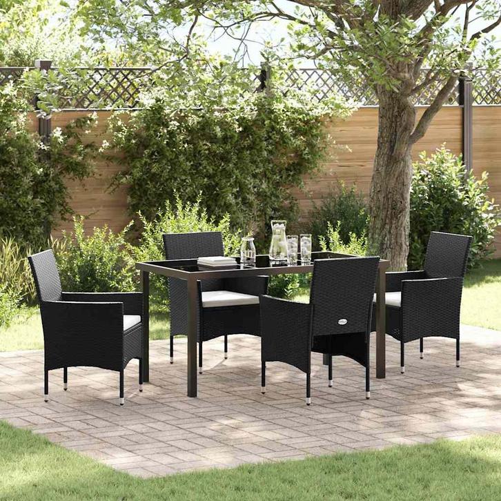 vidaXL Tuin Eettafel Set met kussen 5 pcs Zwart Poly rattan, Tuin en Terras, Tuinsets en Loungesets, Nieuw, Verzenden
