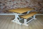 Kloostertafel middenbruin met zwarte stalen H-poot