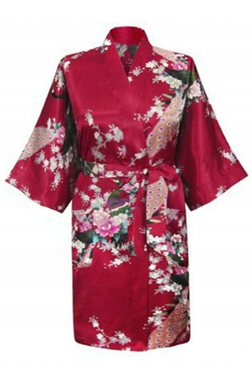 KIMU® Kimono Donkerrood Kort M-L Yukata Satijn Boven de Knie, Kleding | Dames, Carnavalskleding en Feestkleding, Nieuw, Ophalen of Verzenden