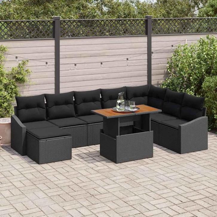 vidaXL Tuin Eettafel Set met kussen 9 pcs Zwart en Bruin, Tuin en Terras, Tuinsets en Loungesets, Nieuw, Verzenden