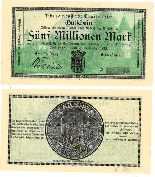 Duitsland 5 Millionen Mark Crailsheim 1923 Notgeld selten, Postzegels en Munten, Munten | Nederland, Verzenden