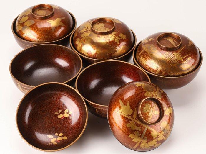 Five sets Antique wooden soup bowls with beautiful maki-e, Antiek en Kunst, Antiek | Overige Antiek