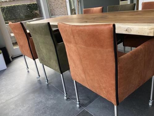 Set van 6 leren kuip eetkamerstoelen - met wieltjes -, Maison & Meubles, Chaises, Enlèvement ou Envoi