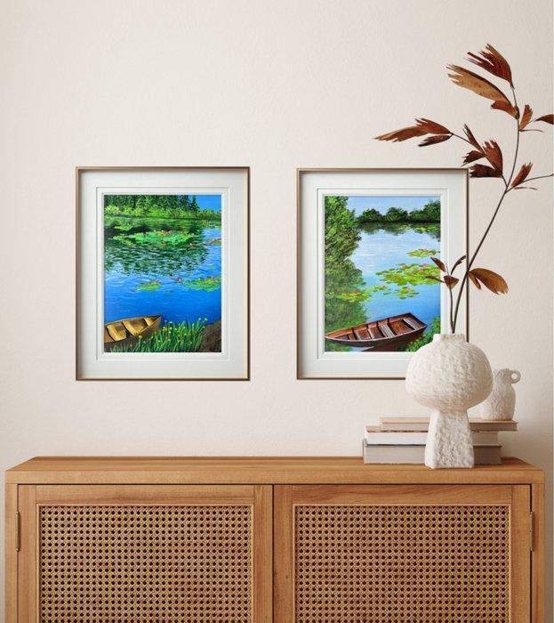 Amita Dand - Boats by the Pond, Antiek en Kunst, Kunst | Schilderijen | Modern