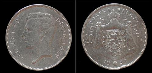 Belgium Albert I 20 frank (4belga) 1931fr-pos A nickel, Timbres & Monnaies, Monnaies | Europe | Monnaies non-euro, Envoi