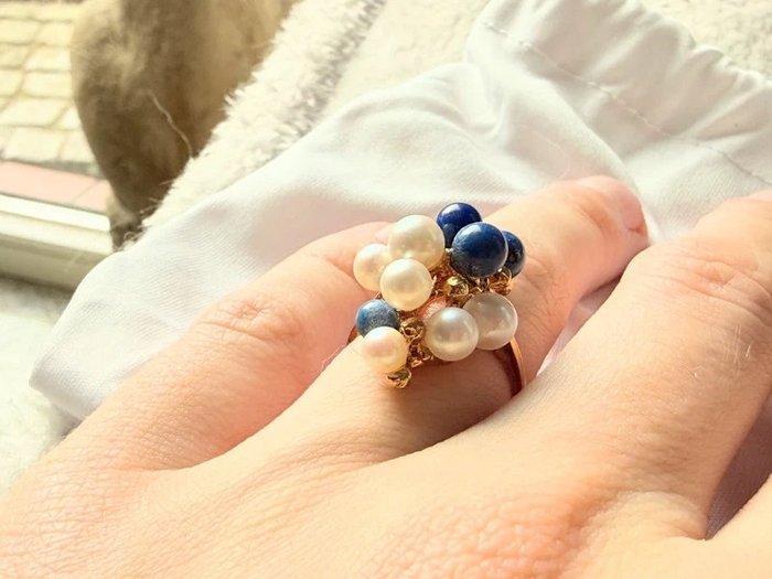 Ring - 14 karaat Geel goud Parel - Lapis lazuli, Handtassen en Accessoires, Ringen