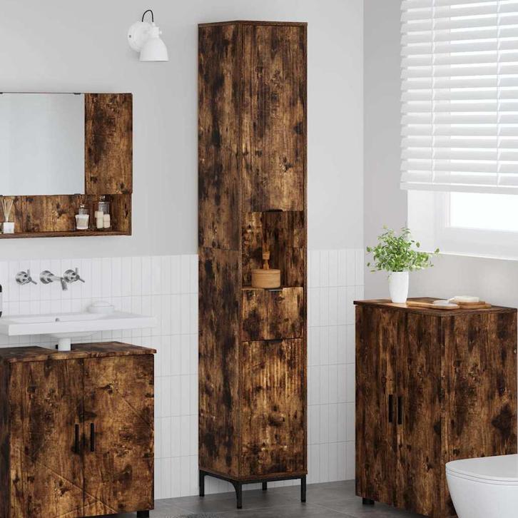 vidaXL Badkamer Hoge Kast met lade Gerookt eiken Bewerkt, Huis en Inrichting, Tafels | Kaptafels, Nieuw, Verzenden
