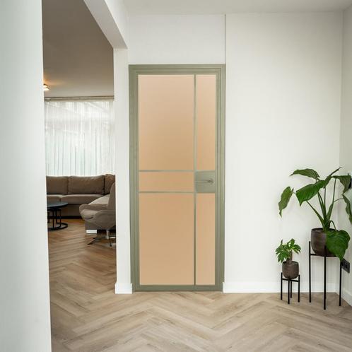Stalen Binnendeur 6 Vlaks Olijfgroen Mat glas Met slot, Doe-het-zelf en Bouw, Deuren en Vliegenramen, Nieuw, Metaal, Binnendeur