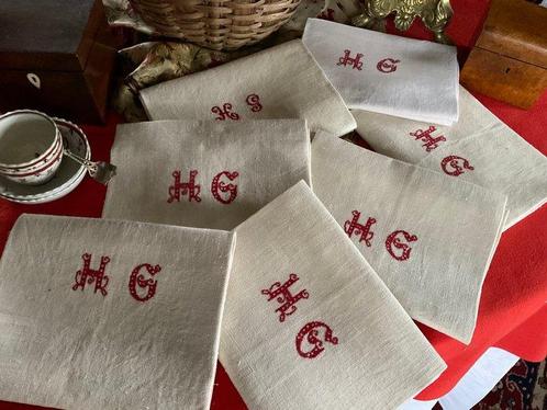 7 mid-19e eeuwse hennepkeukendoekjes met handgehaalde, Antiek en Kunst, Antiek | Tapijten, Tafelkleden en Textiel